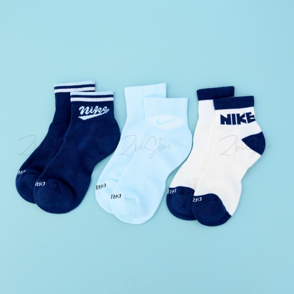 Nike Everyday Plus【3雙一組】復古 美式 毛圈布底 休閒中筒襪 中筒襪 深藍色 奶油白色 水藍色 HJ9340-902