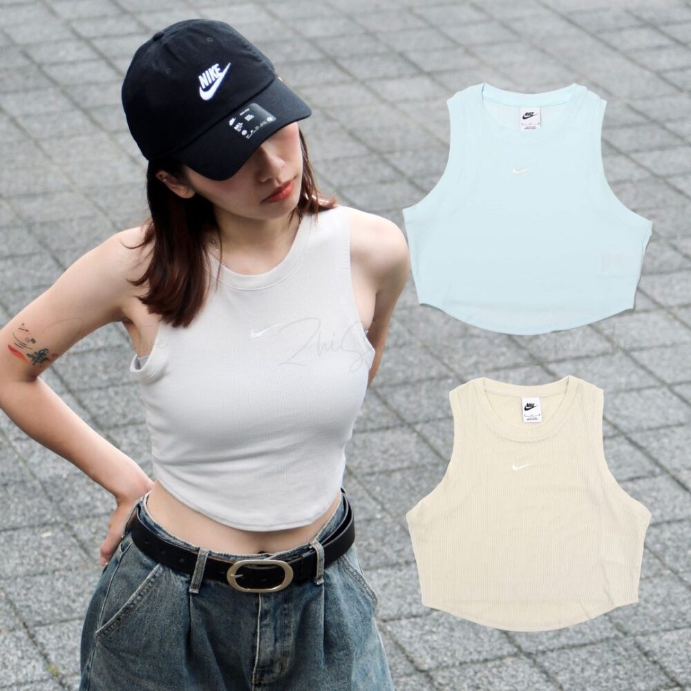 9 Nike NSW 羅紋 短版 刺繡 Logo 背心 無袖背心 運動背心 米白 水藍 FB8280-104 FB8280-474